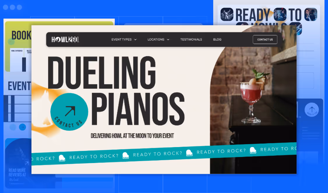 Howl2Go website banner advertising Dueling Pianos with a cocktail on a piano against a brick wall and a teal ribbon saying Ready to Rock?