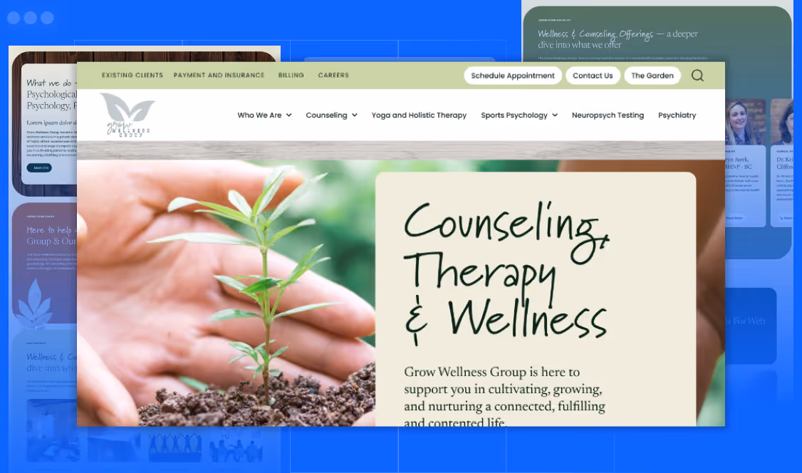 Grow Wellness Group homepage showing hands nurturing a small plant next to text about counseling, therapy, and wellness services.