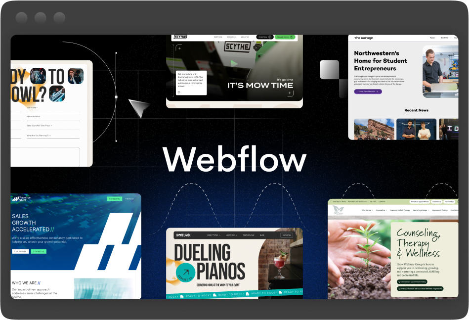 Collage of six website screen captures including Northwestern Garage, Scythe Robotics, Howl2Go, Grow Wellness Group, and Revenue Shift.