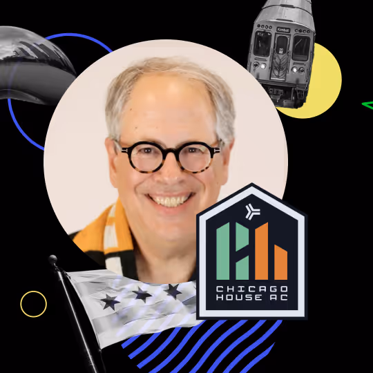 Portrait of a smiling man with round black glasses and gray hair, overlaid with Chicago House AC logo, a city flag, and Chicago train imagery on a black background.