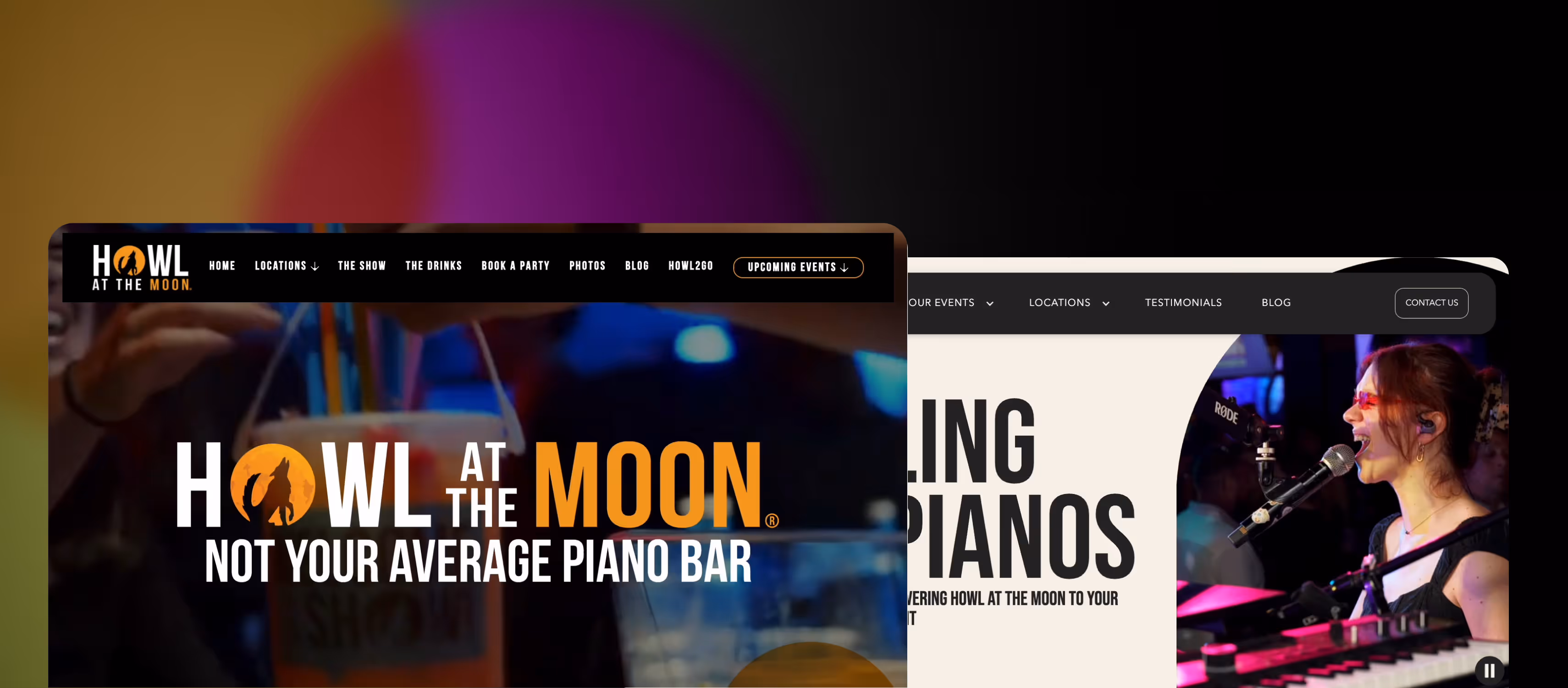 Howl at the Moon website homepage showing the tagline 'Not Your Average Piano Bar' with a background image of a woman singing and playing piano.