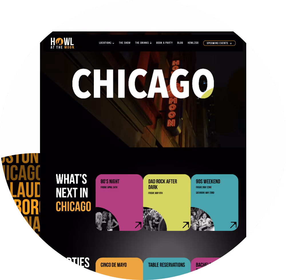 Howl at the Moon Chicago events webpage featuring upcoming themed nights like 80's Night, Dad Rock After Dark, and 90s Weekend.