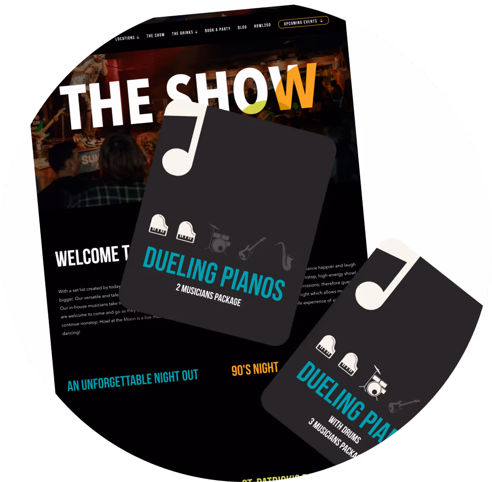 Promotional cards for dueling pianos music packages, overlaying a website showing live music event information titled 'The Show'.