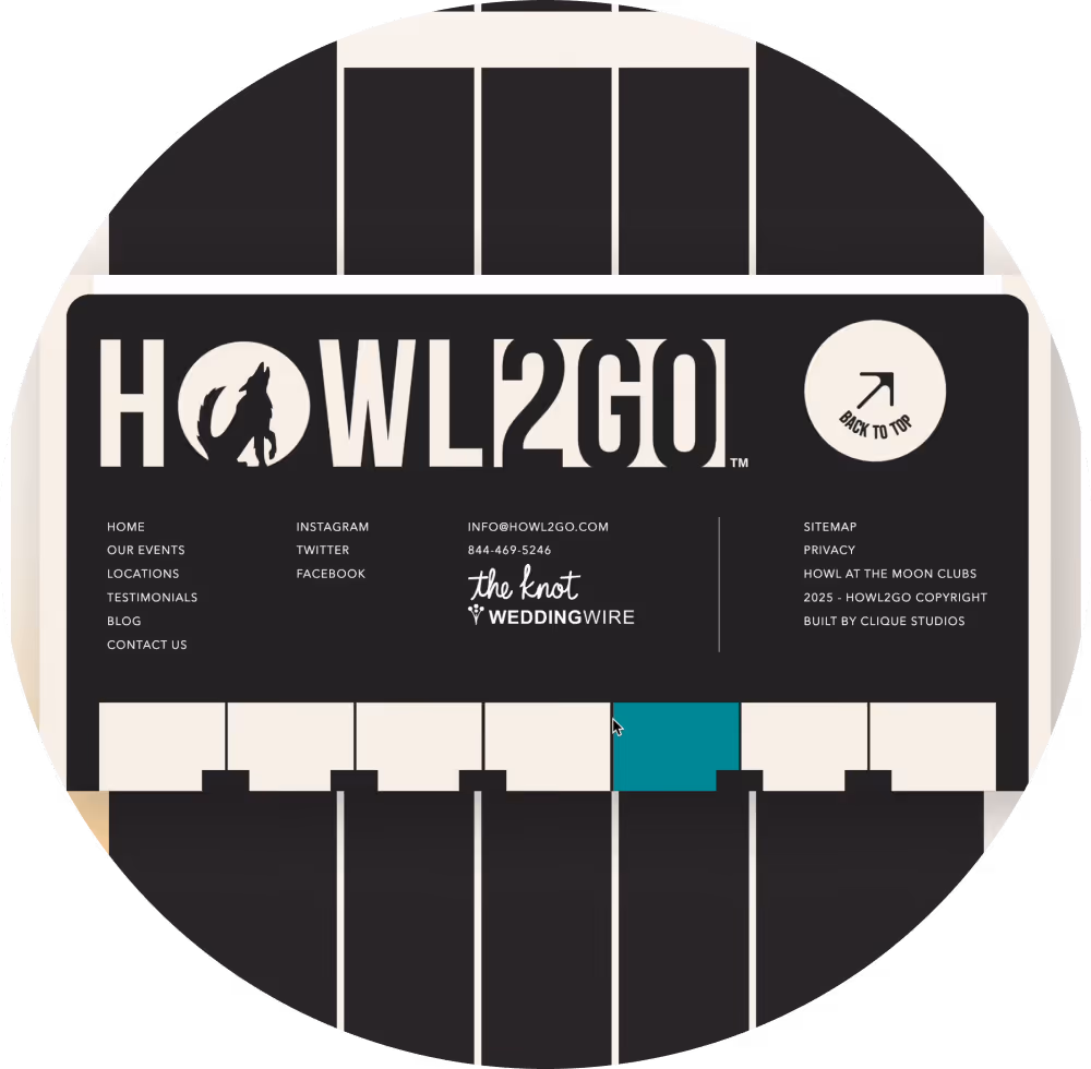 Howl2Go website footer with contact info, social links, navigation menu, and a 'Back to Top' button.