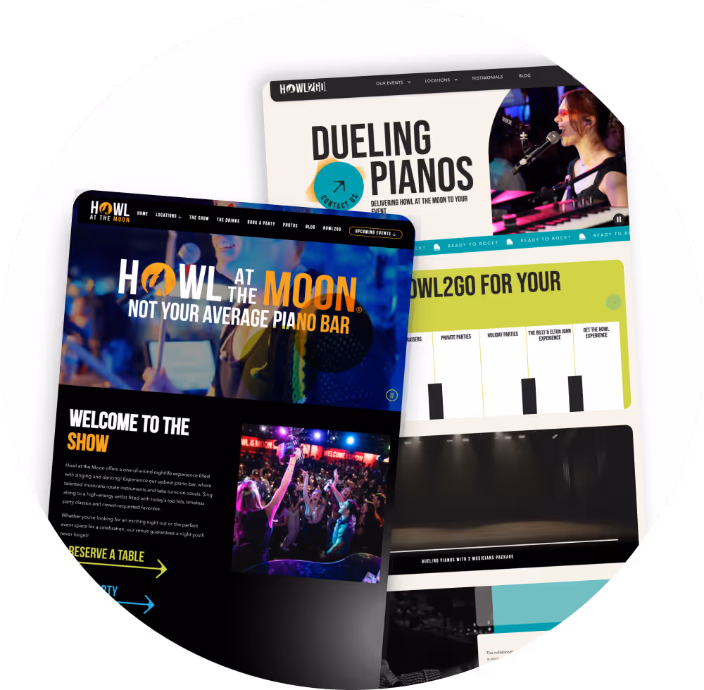 Screens of Howl at the Moon website featuring piano bar events and dueling pianos.