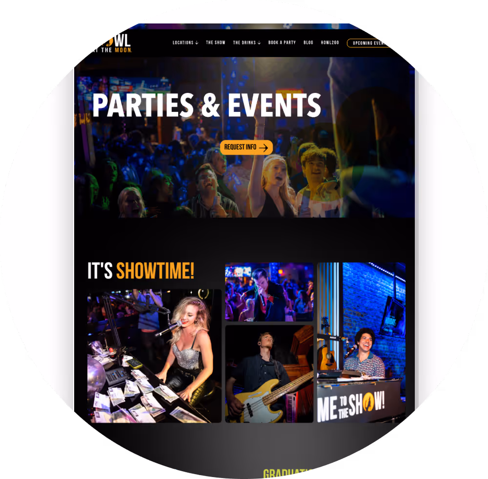 Crowded party scene with people enjoying music and a collage of performers including a female DJ, a male singer, a bass guitarist, and a keyboard player with a sign that says 'Me to the Show!'