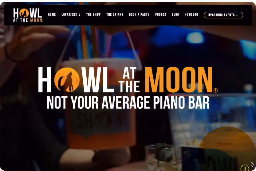 Howl at the Moon logo with tagline 'Not Your Average Piano Bar' over a background of someone holding a bucket of drinks in a bar setting.