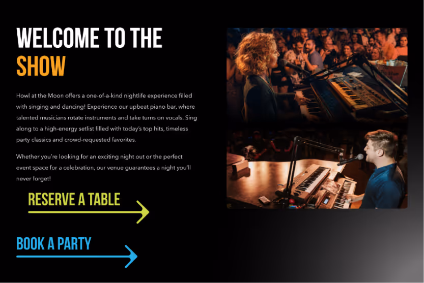 Promotional image for Howl at the Moon nightlife featuring a female and a male musician playing keyboards and singing to an audience, with text inviting visitors to reserve a table or book a party.