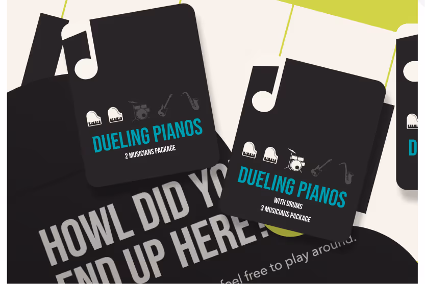 Two black cards with musical icons advertising Dueling Pianos packages, one for 2 musicians and one for 3 musicians with drums.