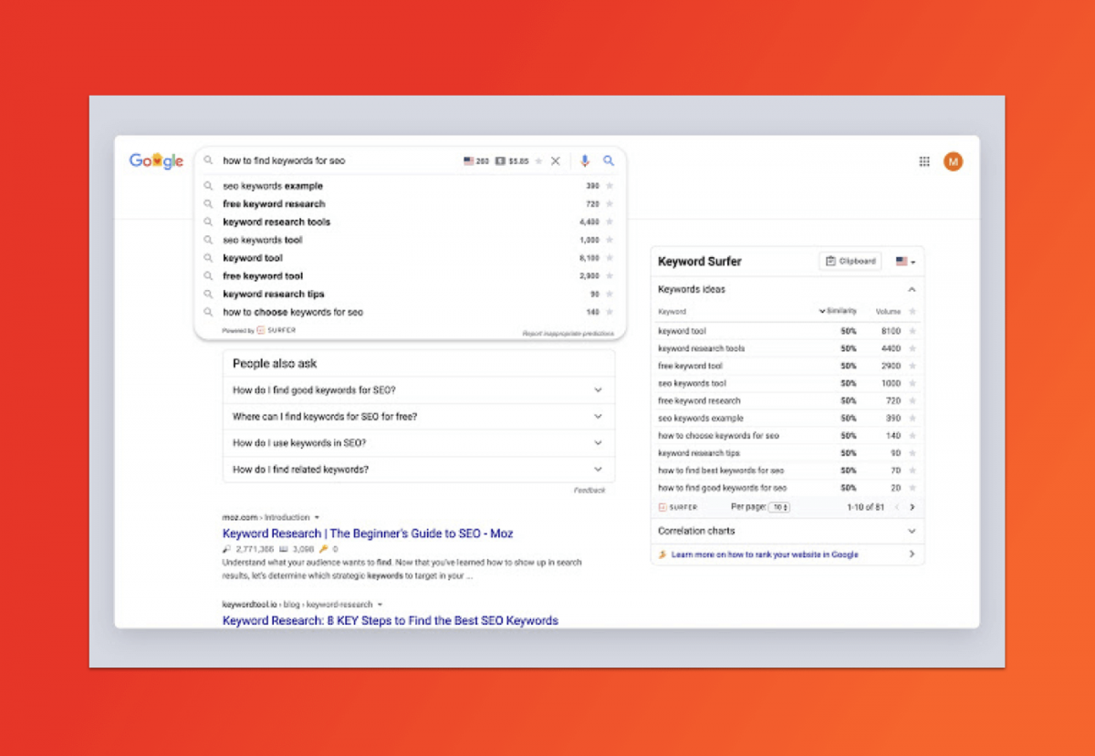A screenshot of a Google search result page with Keyword Surfer enabled