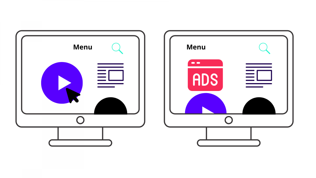 Two illustrated computer monitors, the second of which featuring an ad popping up on the screen