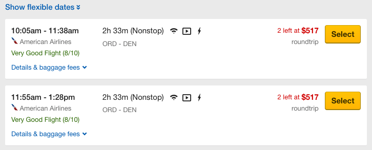 flight info with "two left at this price"