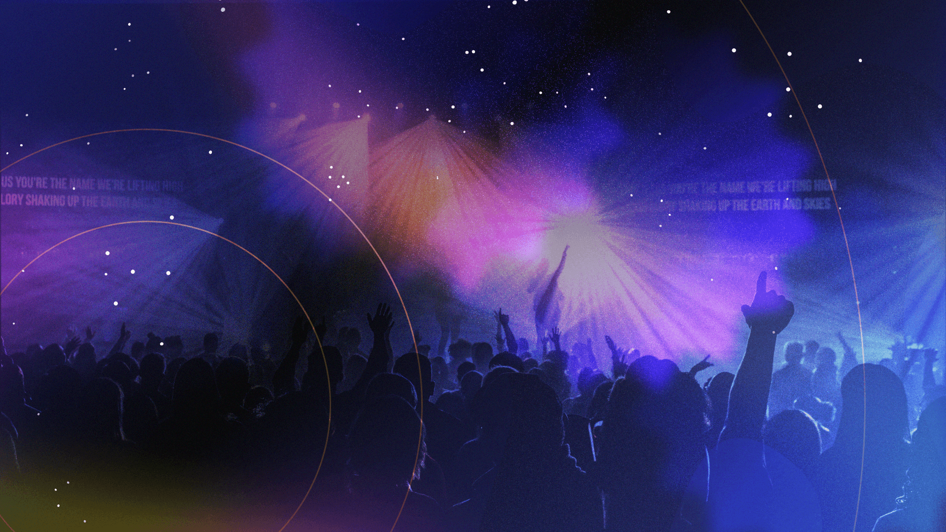 Concert crowd image overlayed onto a space-looking gradient