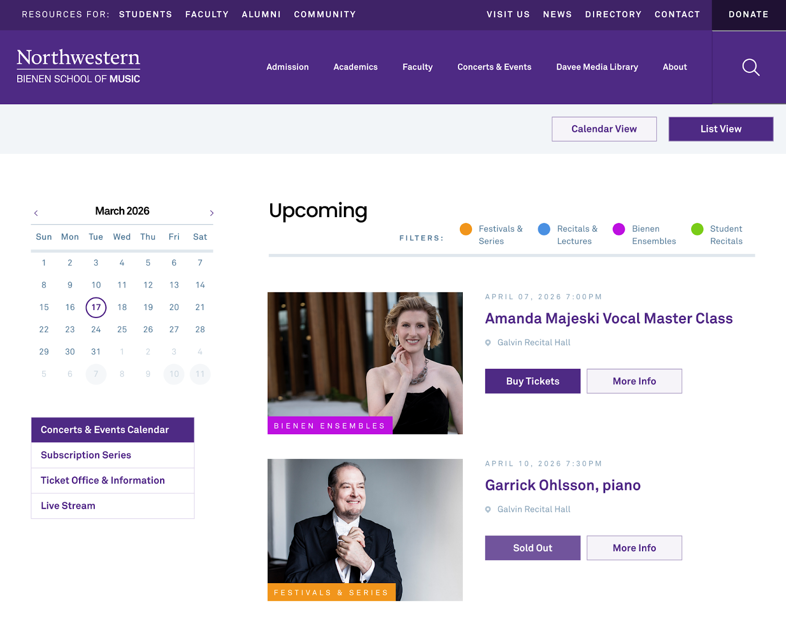 Screenshot of the Northwestern University Bienen School of Music event calendar.