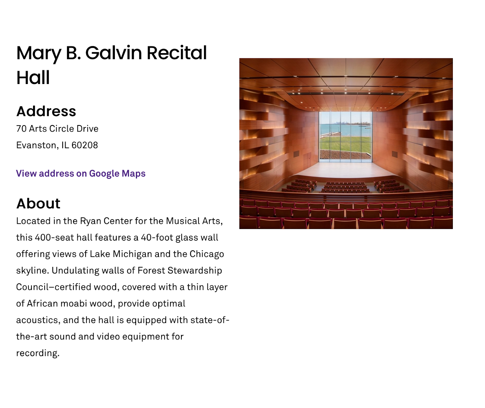 Screenshot of a Northwestern University Bienen School of Music event detail page.