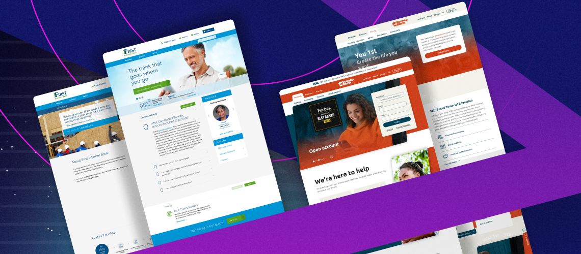 Collage of financial services website designs by Clique Studios featuring First Internet Bank, Chime, LQD Business Finance, and 1st Source Bank.