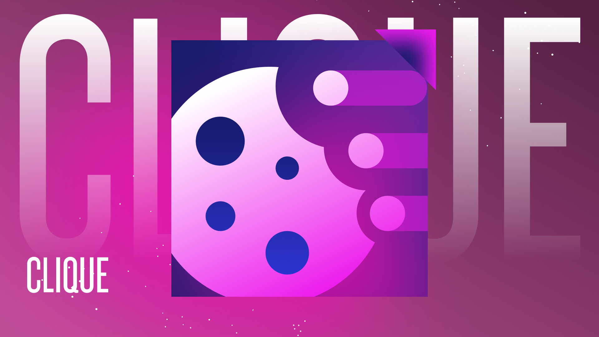 A pink and purple gradient with a graphic of a half eaten cookie. It is obscuring the name "Clique" in the background. The Clique logo is in the lower left. 