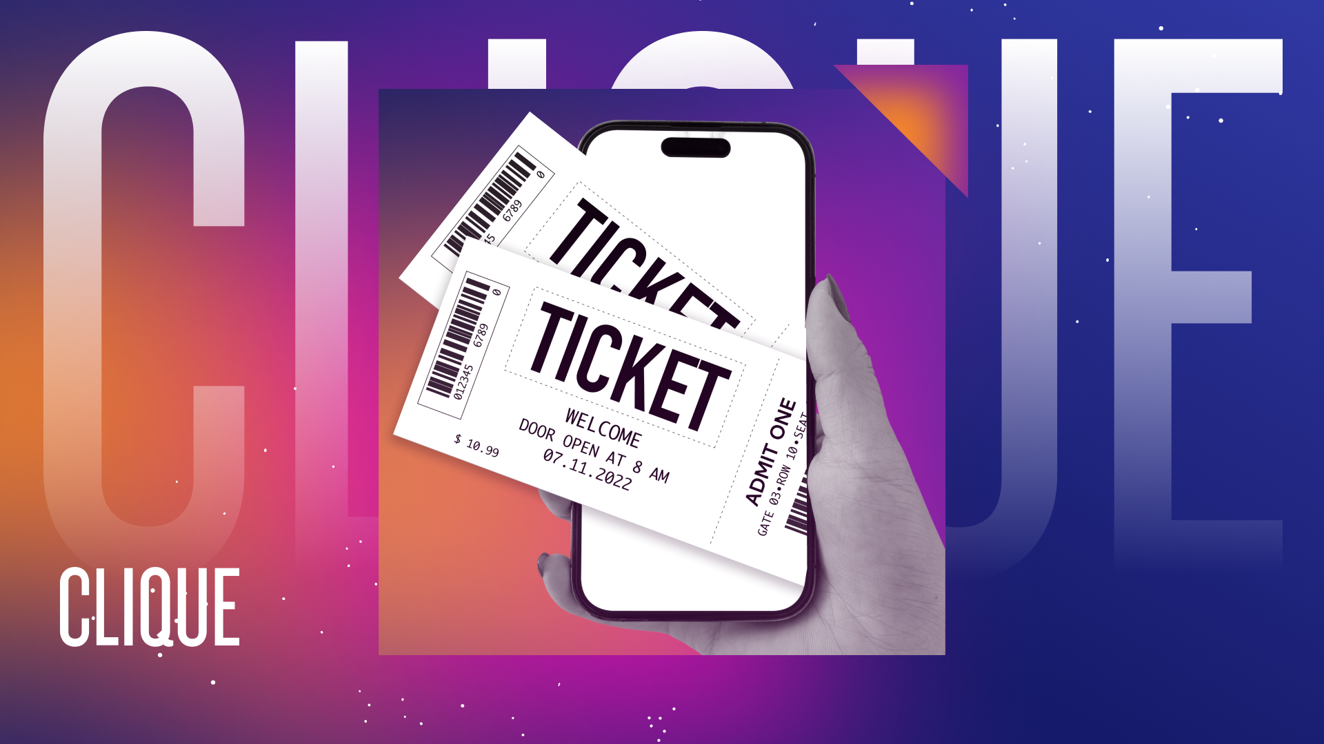 A black and white picture of a hand holding a phone with tickets coming out of the screen against a colorful gradient background. The "Clique" logo is faded into the background.
