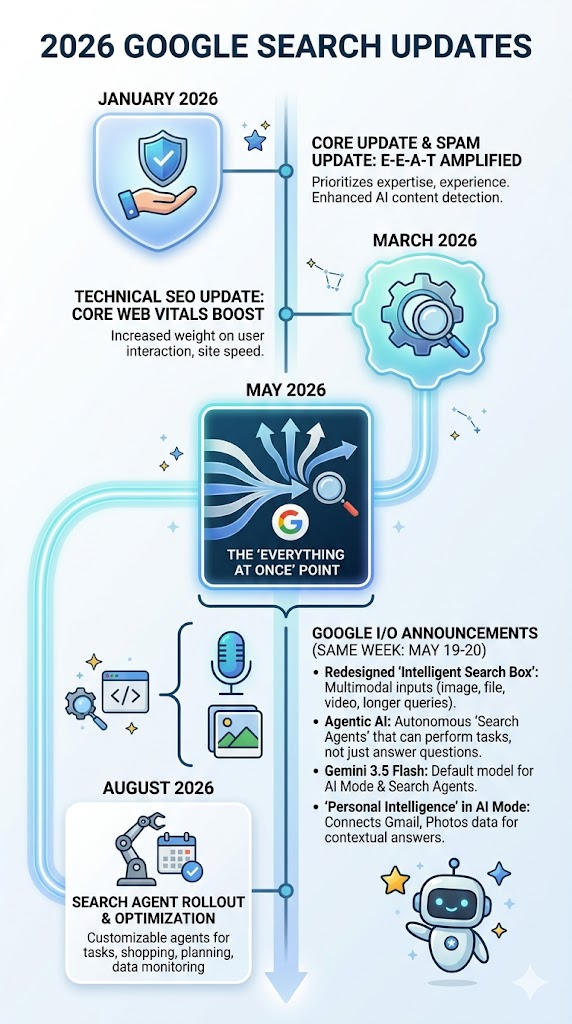 Infographic timeline of 2026 Google Search updates: January core and spam update emphasizing E-E-A-T, March technical SEO update boosting Core Web Vitals, May 2026 core update coinciding with Google I/O announcements (redesigned search box, agentic AI, Gemini 3.5 Flash, Personal Intelligence), and August 2026 Search Agent rollout