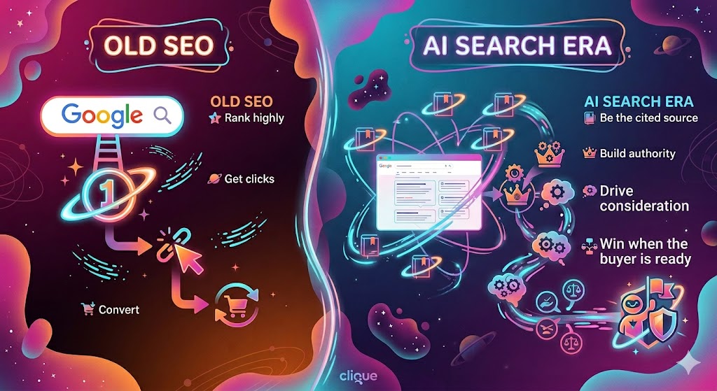 Side-by-side comparison diagram showing the old SEO model — rank highly, get clicks, convert — versus the AI Search Era model — be the cited source, build authority, drive consideration, and win when the buyer is ready.