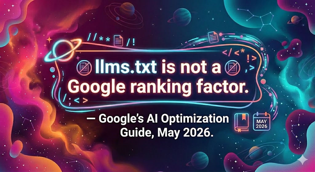 Quote card stating "llms.txt is not a Google ranking factor," attributed to Google's AI Optimization Guide, May 2026.