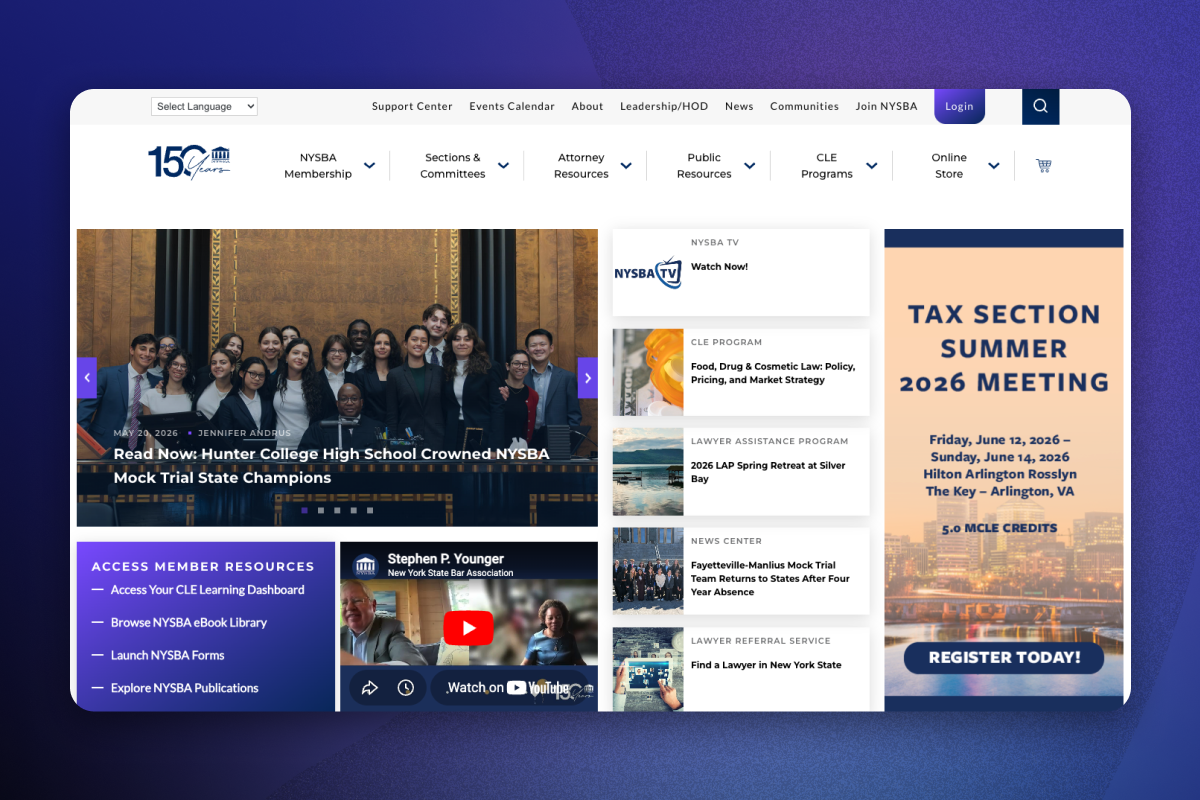 New York State Bar Association (NYSBA) homepage featuring 150-year anniversary branding and member resources