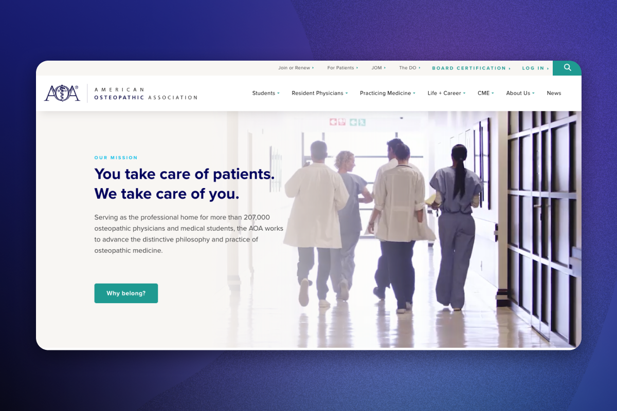 American Osteopathic Association (AOA) homepage showing the "You take care of patients. We take care of you." mission statement