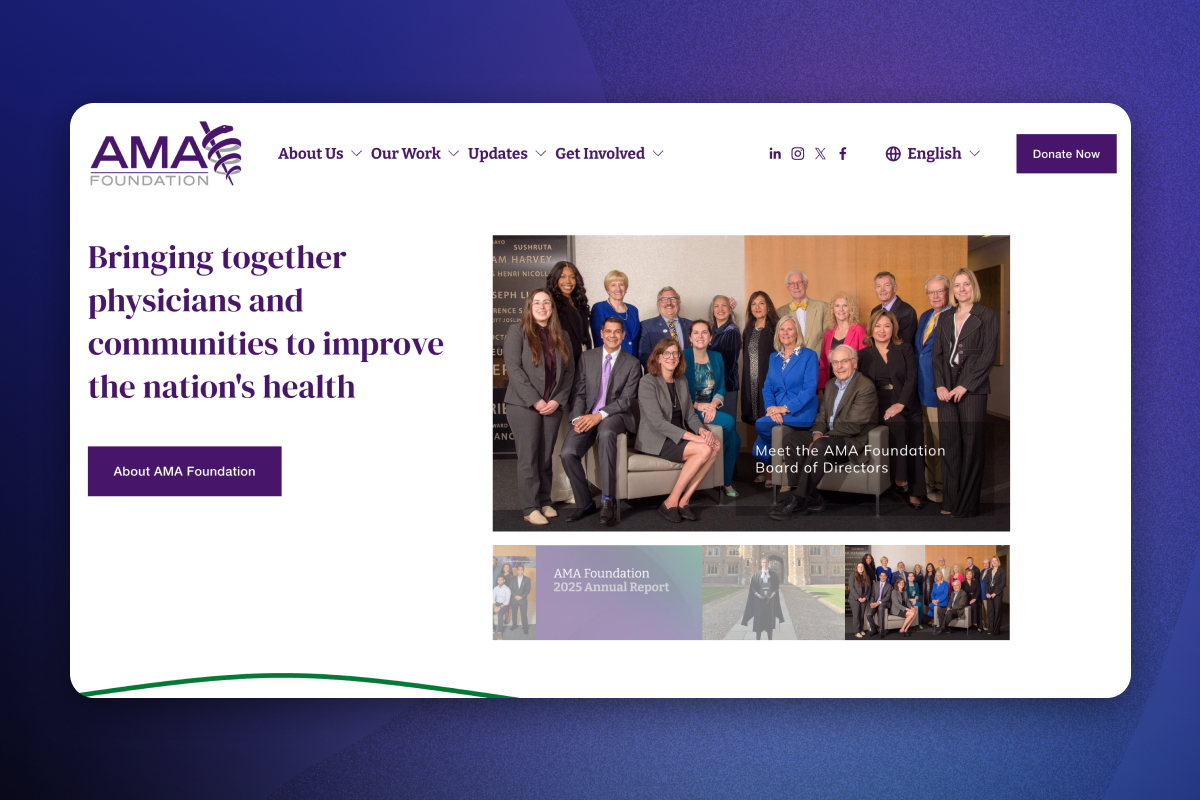 AMA Foundation association website homepage with hero message and board of directors imagery
