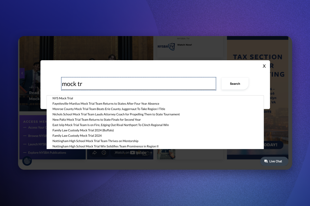 NYSBA website search bar showing Algolia type-ahead autocomplete suggestions for a "mock tr" query