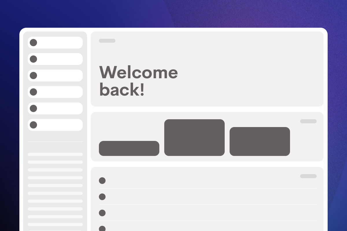 Wireframe mockup of an association member dashboard with a "Welcome back" greeting, sidebar navigation, and content modules