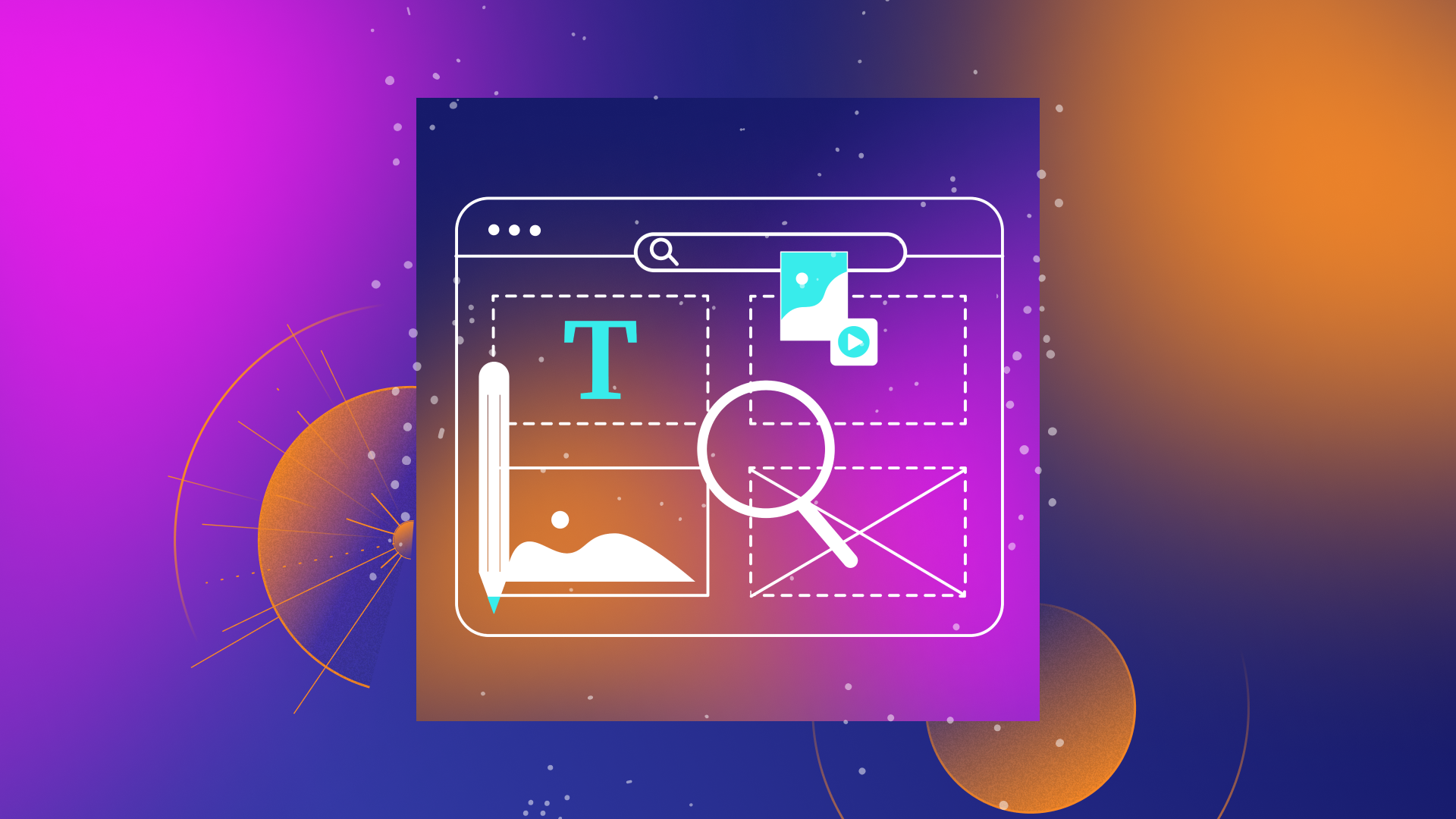 Purple, orange, and blue gradient with wireframe graphics representing components of a website.