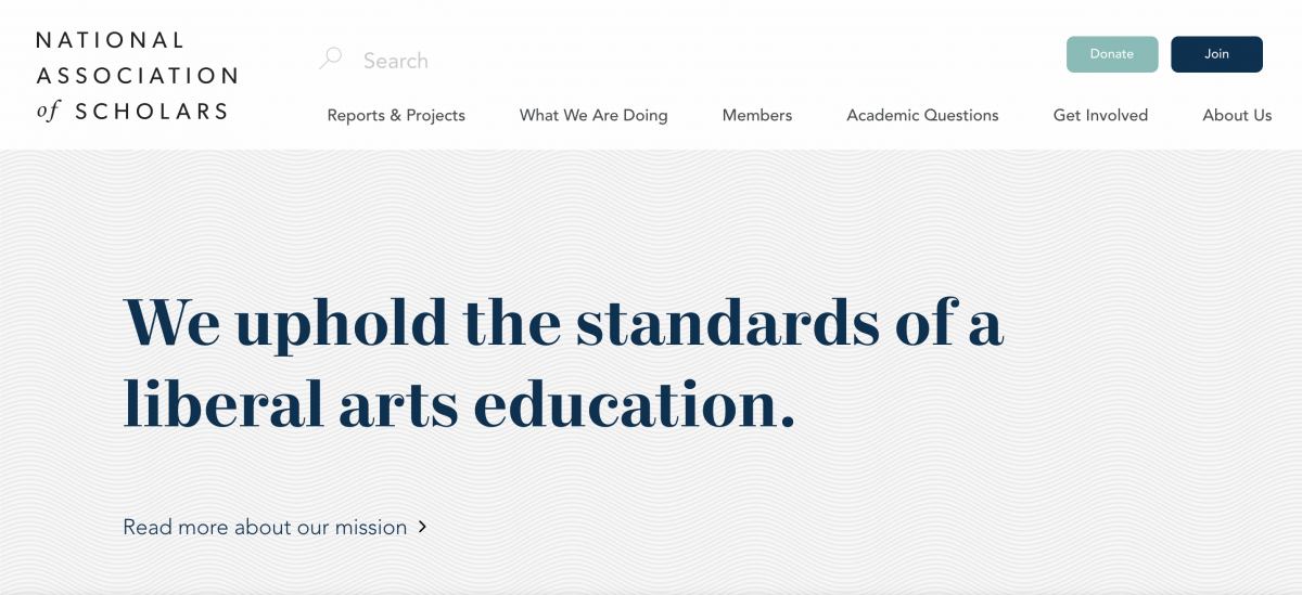 National Association of Scholars homepage with minimalist liberal-arts mission statement and join button.