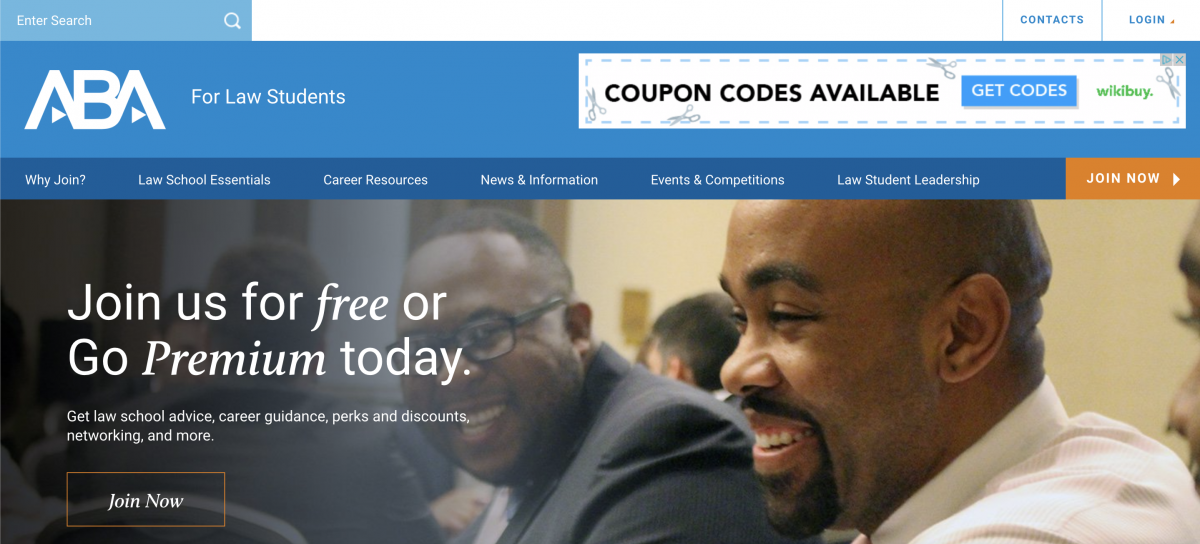 American Bar Association for Law Students homepage with free and premium join options and career navigation.