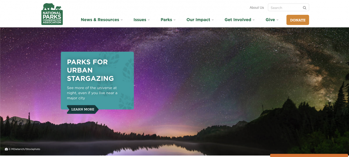 National Parks Conservation Association homepage with night-sky imagery and a prominent donation CTA.
