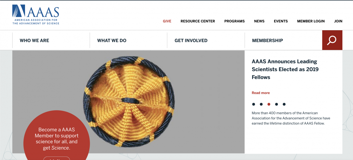 American Association for the Advancement of Science homepage with woven sculpture and AAAS membership CTA.