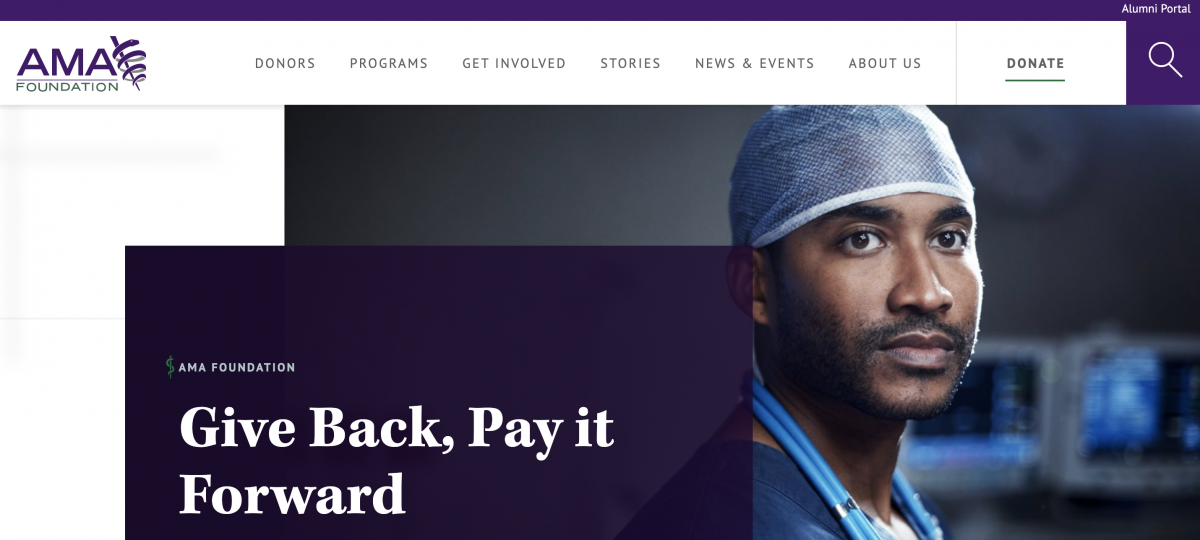 American Medical Association Foundation homepage built by Clique Studios with a Give Back donation CTA.