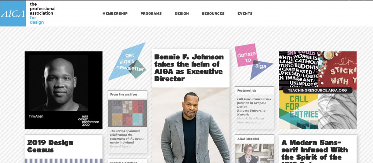 American Institute of Graphic Arts homepage with news, featured jobs, and a tidy drop-down design menu.