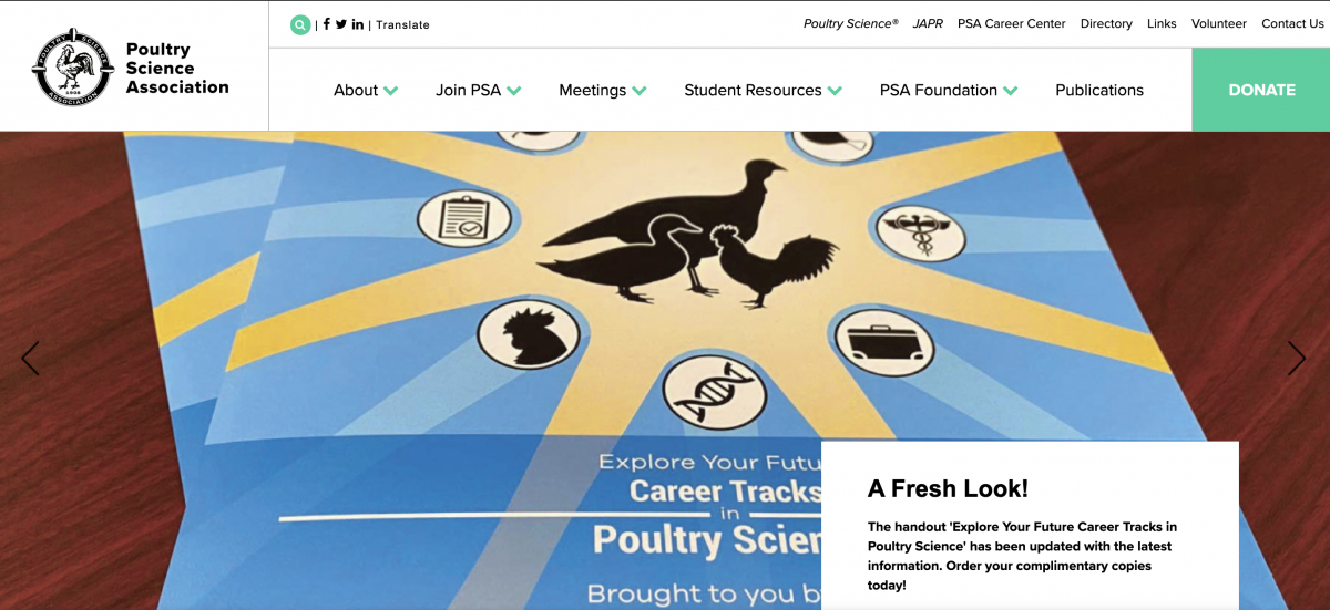 Poultry Science Association homepage with career-tracks graphic and member publications navigation.