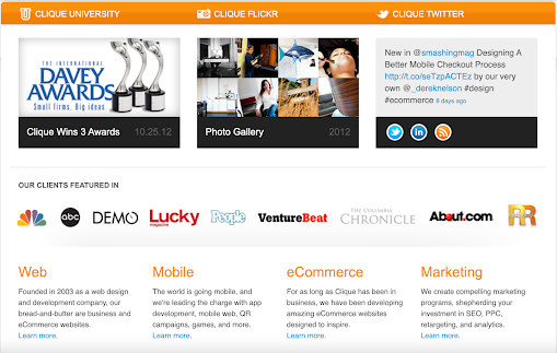 Clique Studios' 2013 homepage with a dated layout and client logos, an example of outdated web design