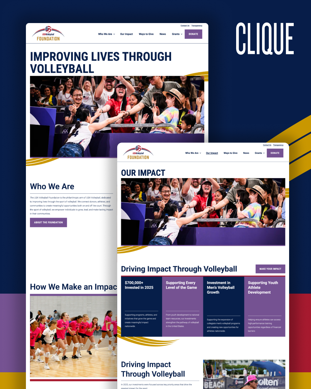 Screenshots of the USA Volleyball site against a brand-colored background. The Clique logo is in the corner.