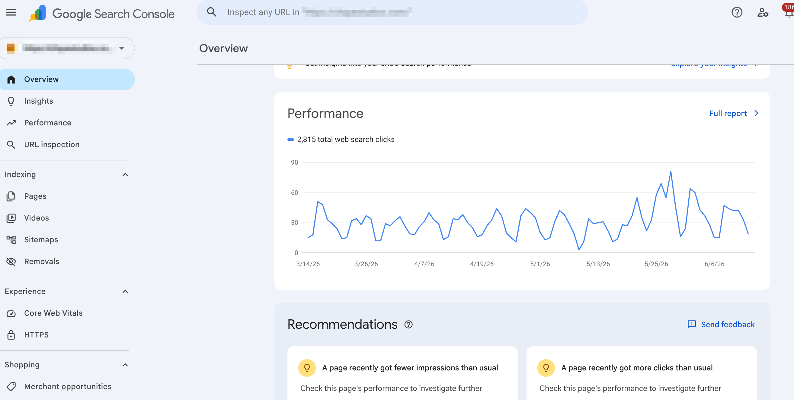 Google Search Console Overview showing 2,815 web search clicks for our client's website from March to June 2026