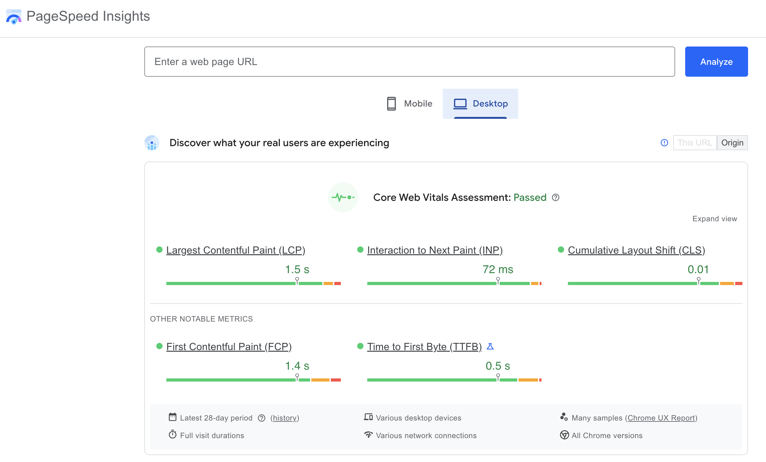PageSpeed Insights showing passed Core Web Vitals for the Clique Studios website on desktop