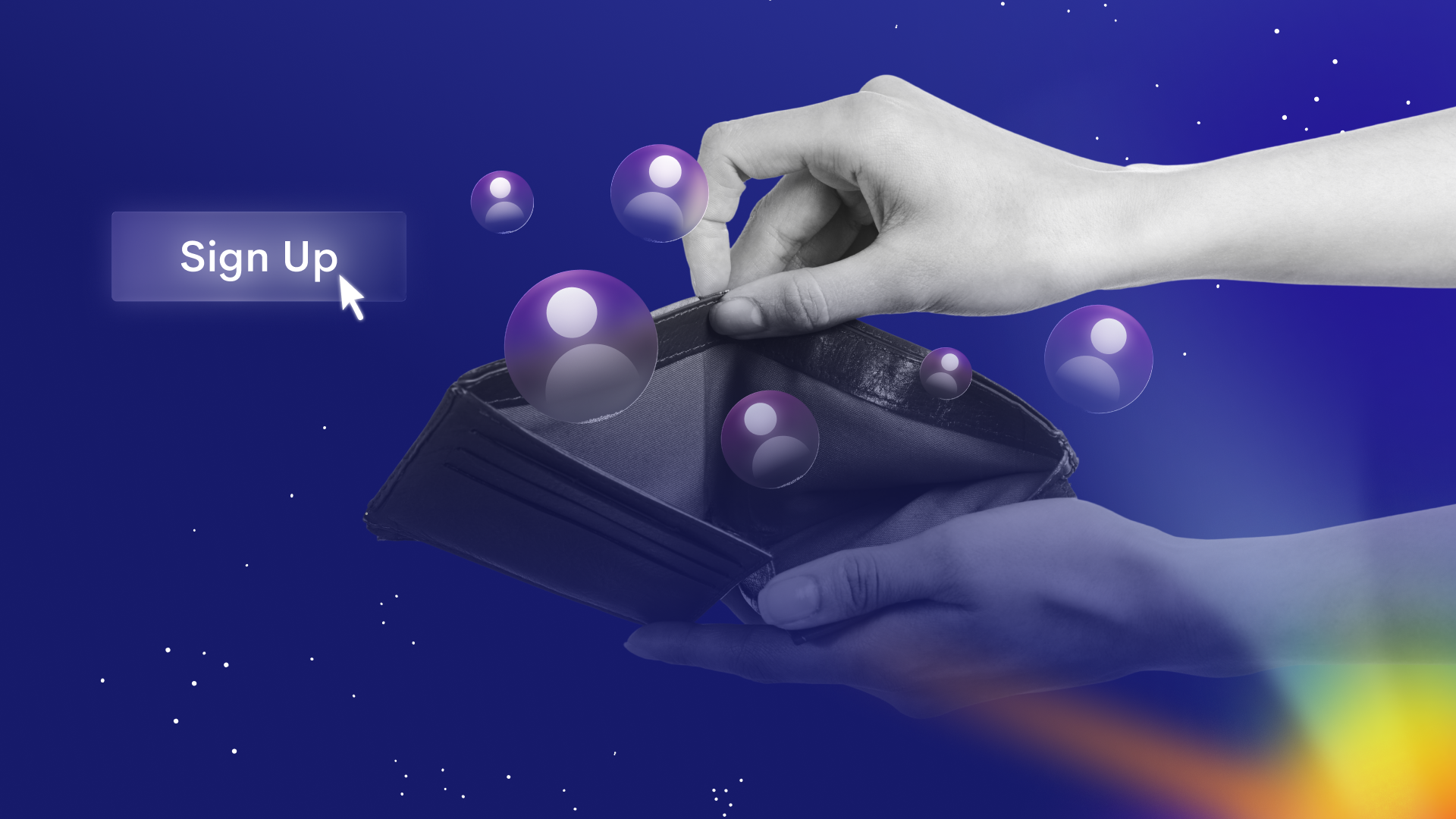 A cutout black-and-white picture of hands holding a wallet with user icons floating out of the wallet. There is a computer mouse icon hovering over a button that says "Sign Up." It's over a blue background with stars and a colorful light beam.