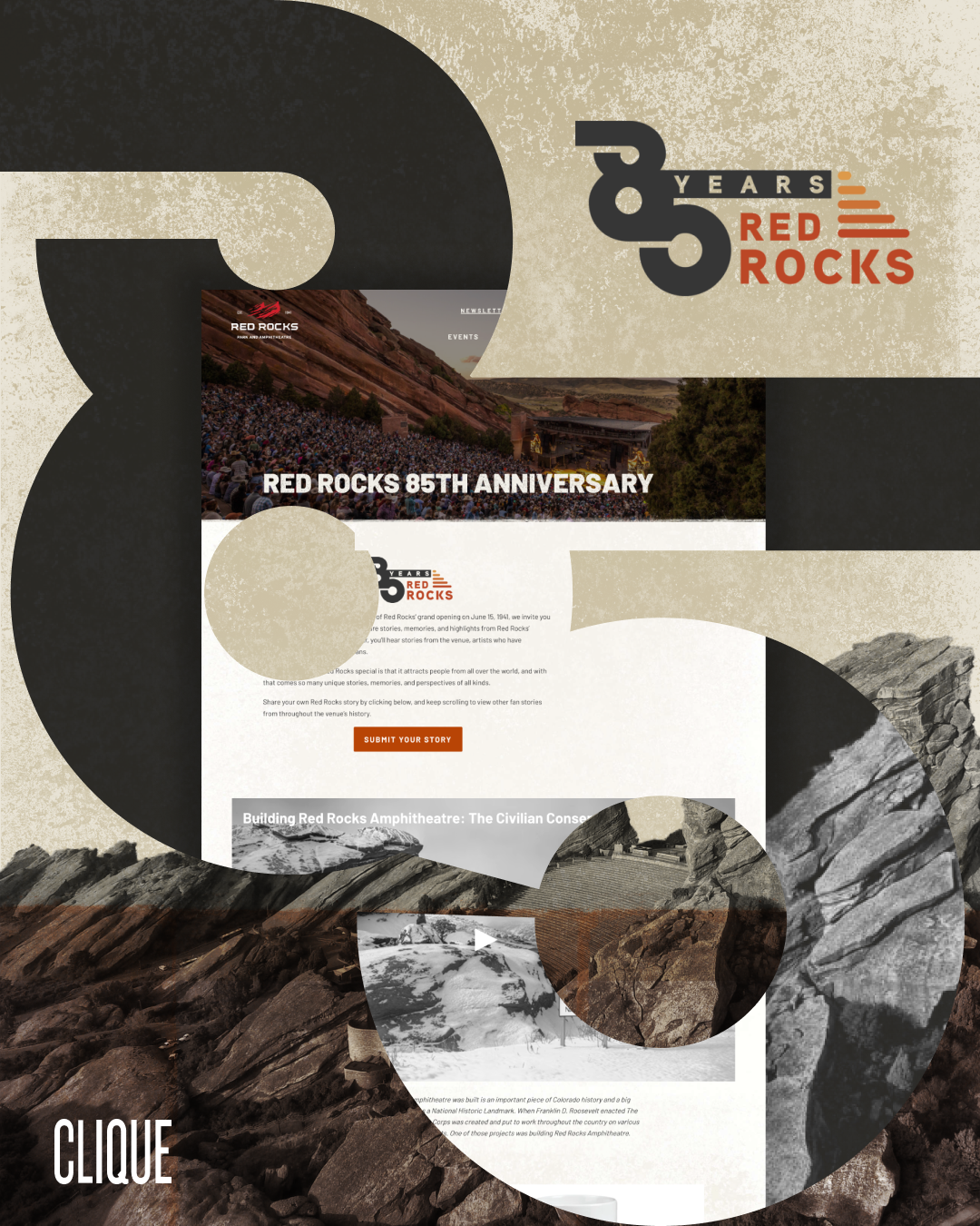 A large version of the Red Rocks Amphitheatre's 85th anniversary logo with a screenshot of the 85th anniversary landing page overlaid inside of the logo. The full 85th anniversary logo is in the right corner. The background is textured with a cutout photo of rock features. 
