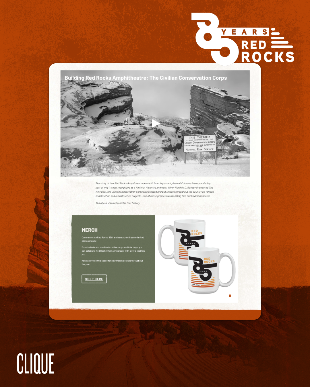 A screenshot of Red Rocks Amphitheatre's 85th anniversary landing page. The 85th anniversary logo is in the right corner. The background is an orange, textured overlay of the venue.