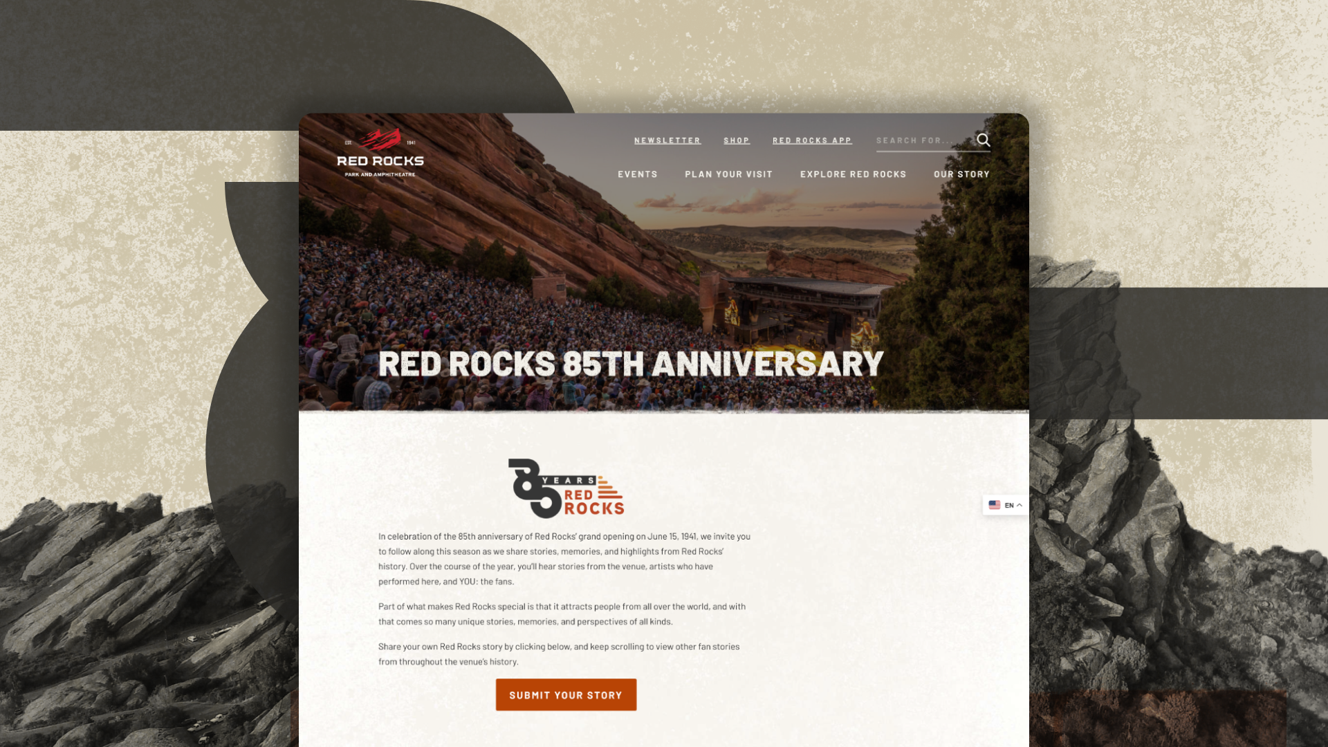 A screenshot of Red Rocks Amphitheatre's 85th anniversary landing page. In the background is the 85th anniversary logo with a textured photo of the Rocky Mountains. 