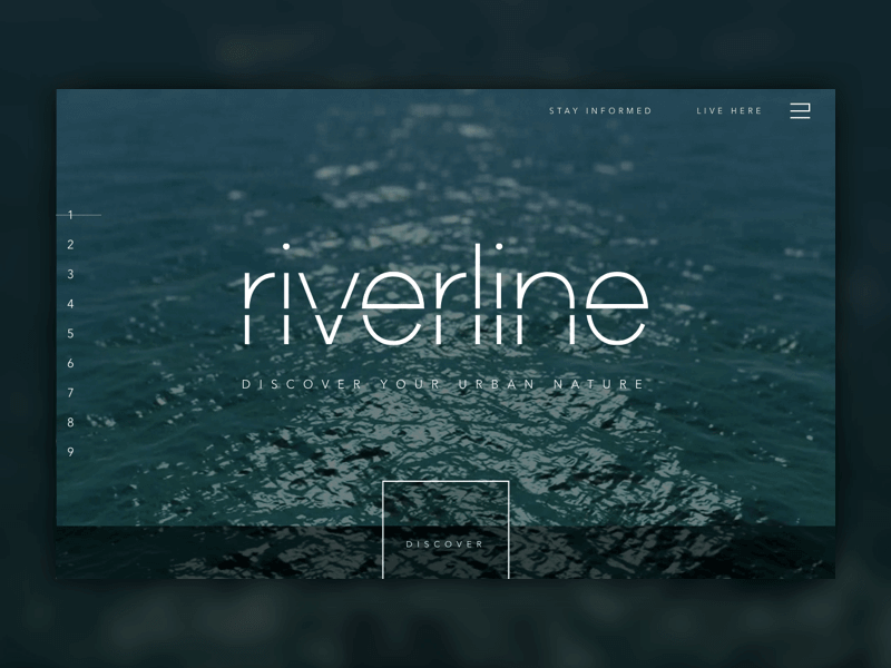 Riverline website hero with the tagline "Discover your urban nature" over a dark river water background