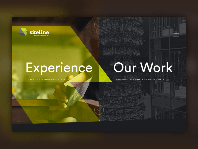 Siteline Interior Carpentry homepage with a split-screen layout labeled "Experience" and "Our Work"