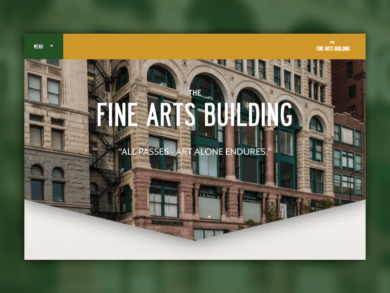 The Fine Arts Building Chicago website hero showing the historic facade with the quote "All passes - art alone endures"
