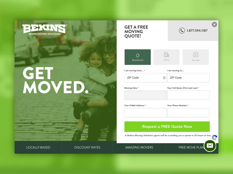 Bekins Moving Solutions landing page with a free moving quote form and "Get Moved" headline